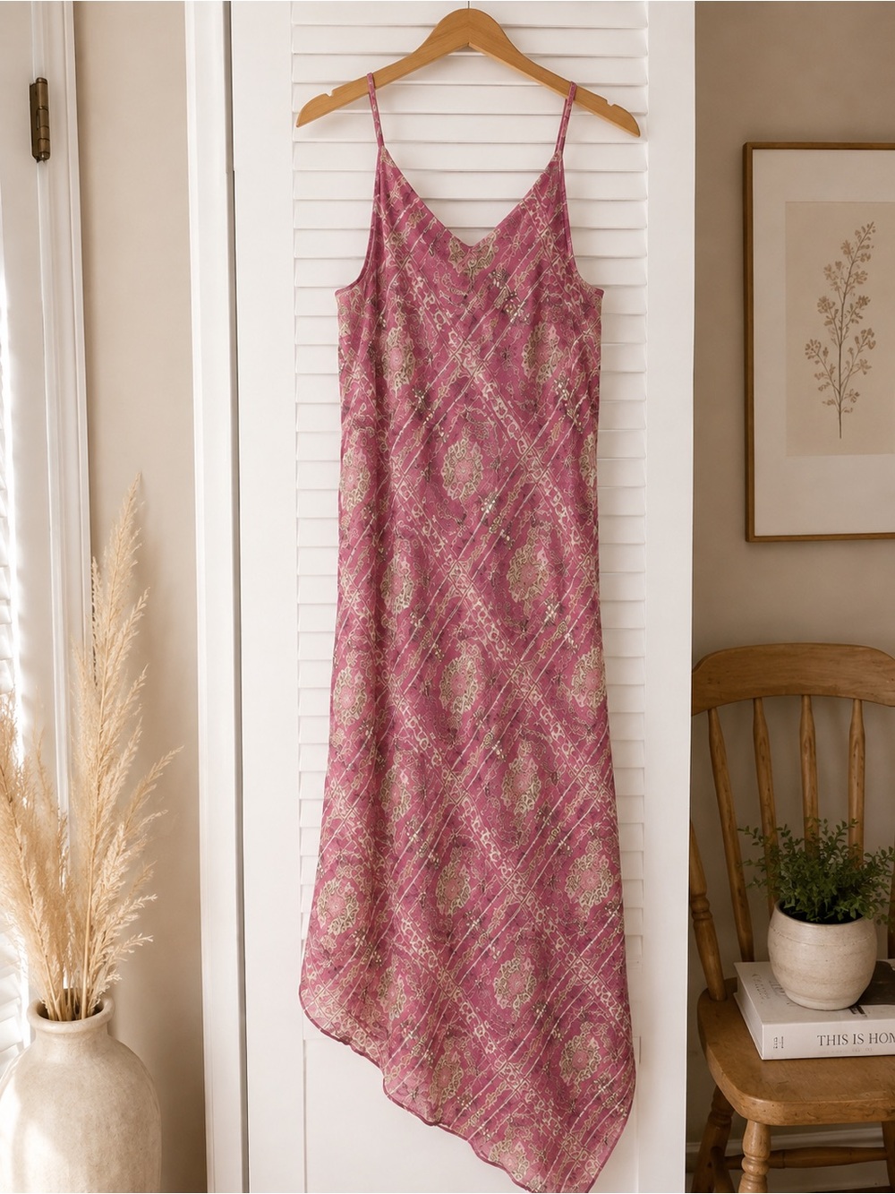 Anthro Floreat Pink Beaded Slip Dress Sz 0 Boho Midi Wedding Guest Festival